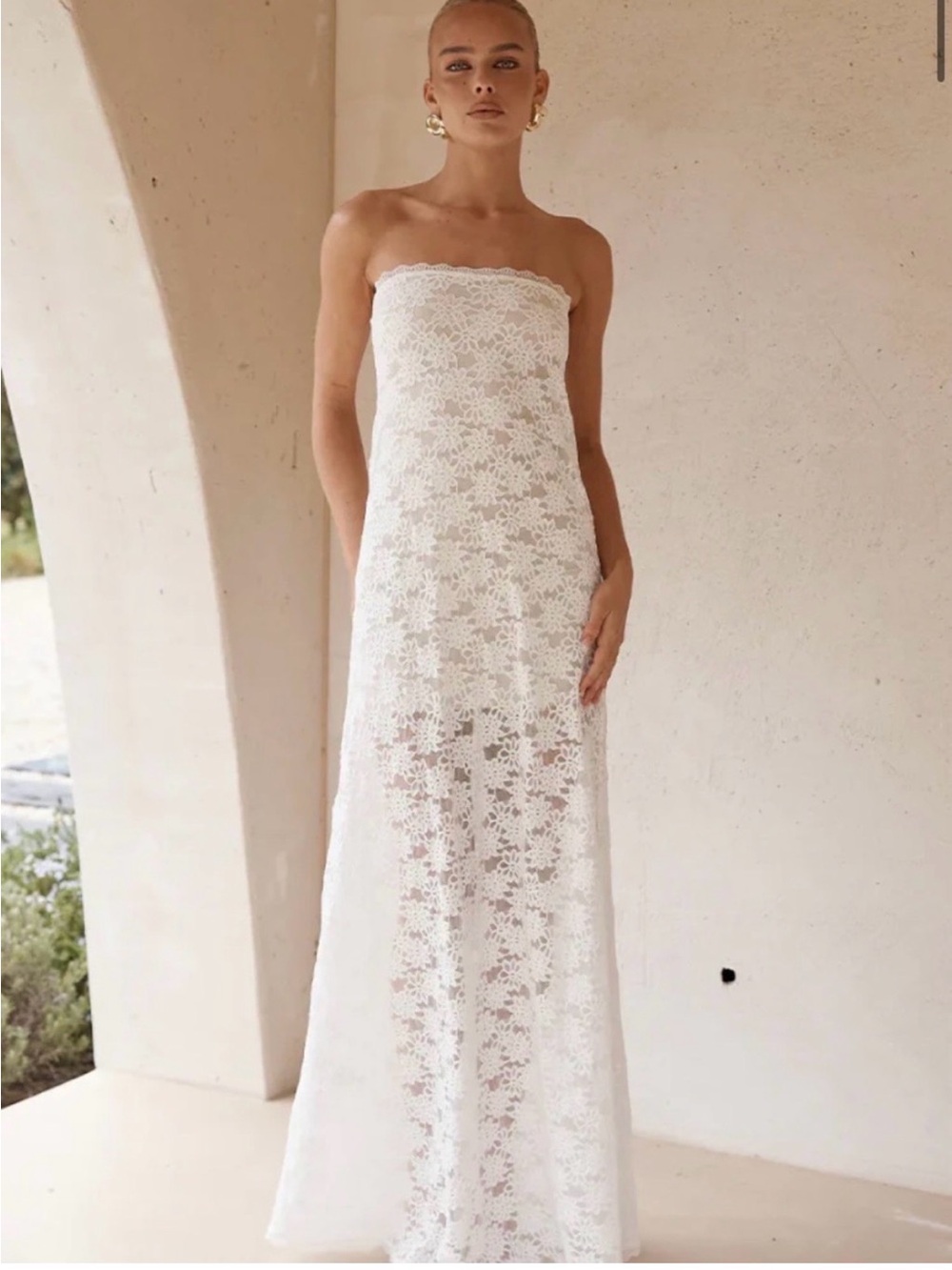 Strapless White Lace Maxi Dress - Women's Evening Gown